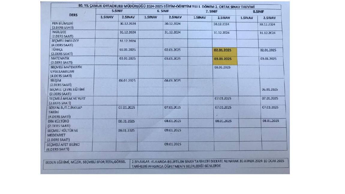 1. DÖNEM 2. YAZILI SINAV TARİHLERİ